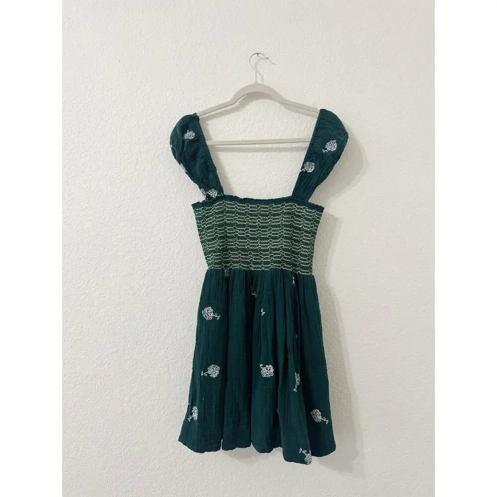 Free People Tory Embroidered Smocked Mini Dress Green Floral Size Small